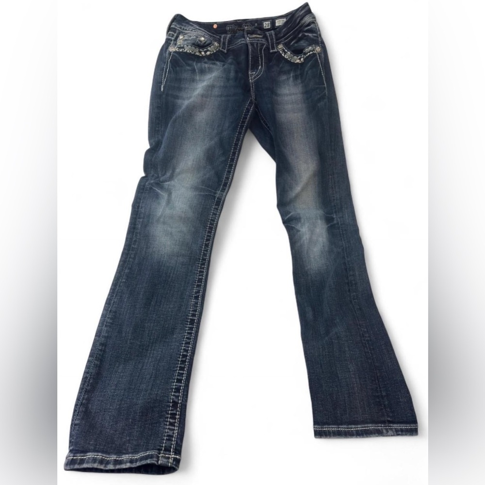Miss Me Dark Blue Straight Leg Jeans with Embellished Pockets